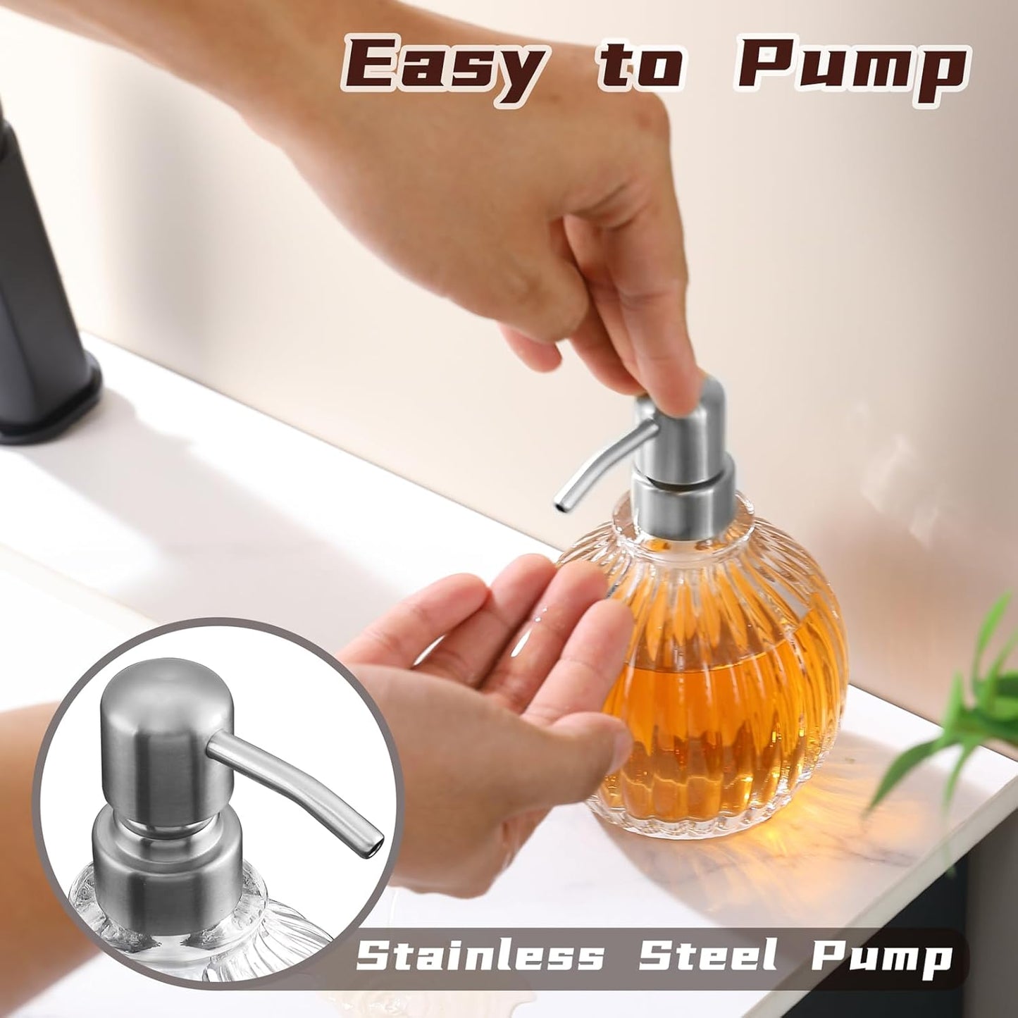 Round Bathroom Soap Dispenser Brushed Nickel Pump, Glass Bottle with Stainless Steel Pump Liquid Soap Dispenser Sphere Countertop Hand Kitchen