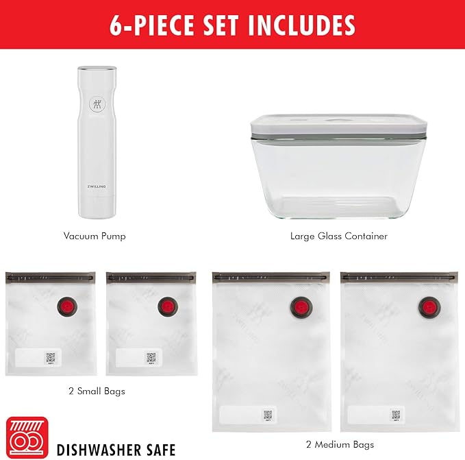 ZWILLING Fresh & Save Vacuum Sealer Machine Starter Set with Airtight Food Storage Container Glass, Sous Vide Bags, Meal Prep