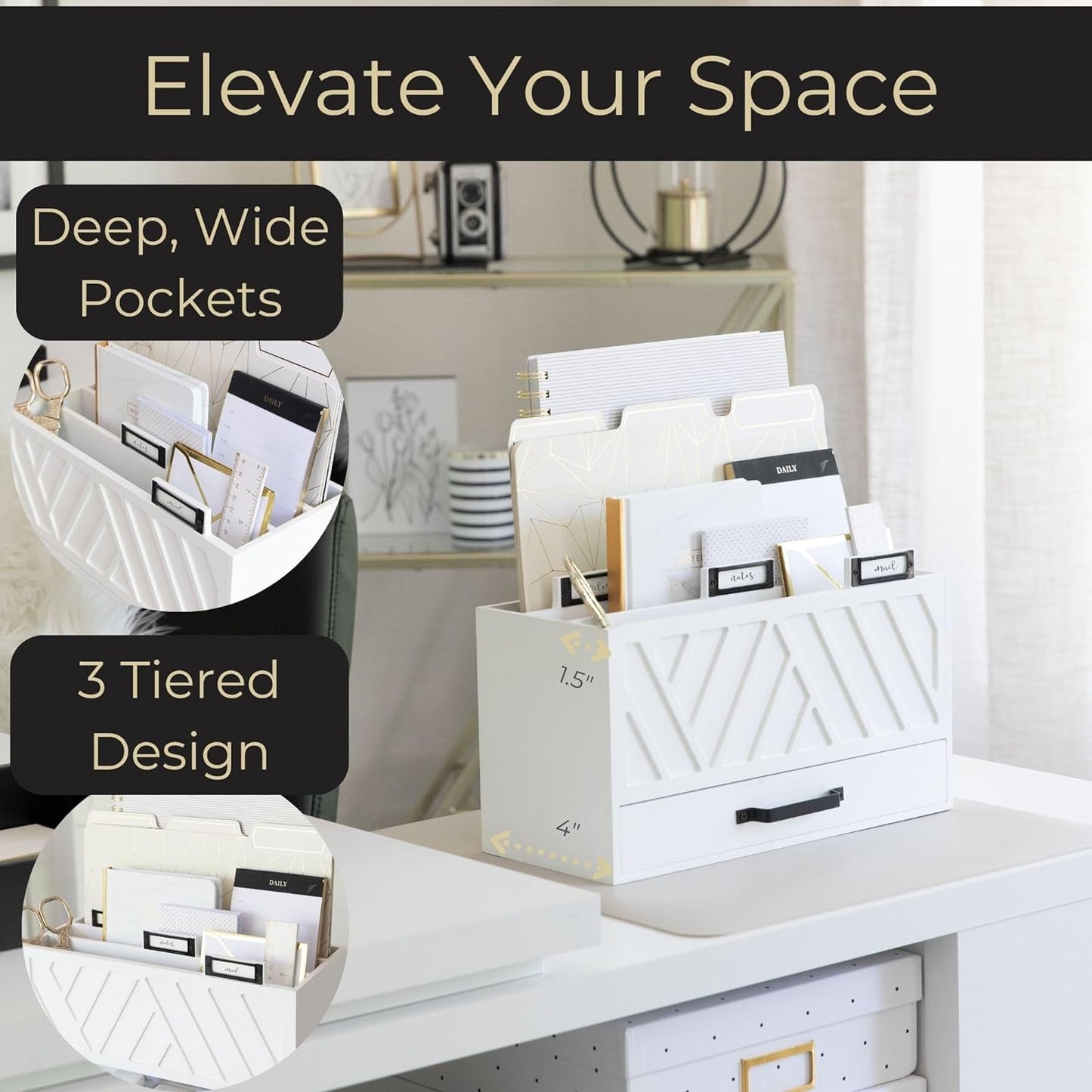 BLU MONACO White Desktop Mail Organizer – Three-Tiered with Gold Label Holders and Drawer – Stylish Mail Holder and Countertop Document Storage for Home or Office