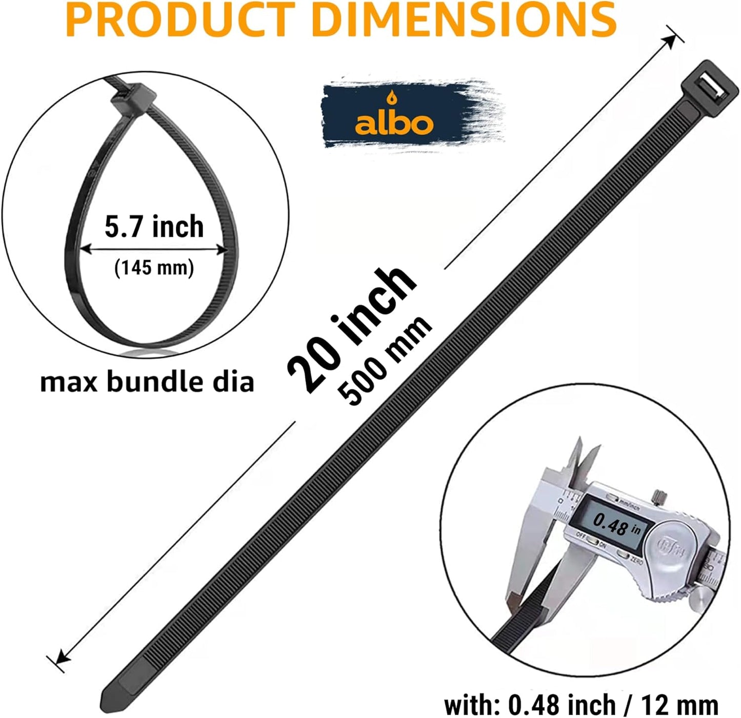 ALBO Black Zip Ties 20 Inch Plastic Cable Ties 100 Pack Tie Wraps Heavy Duty 200lb UV Resistant Nylon Wire Ties