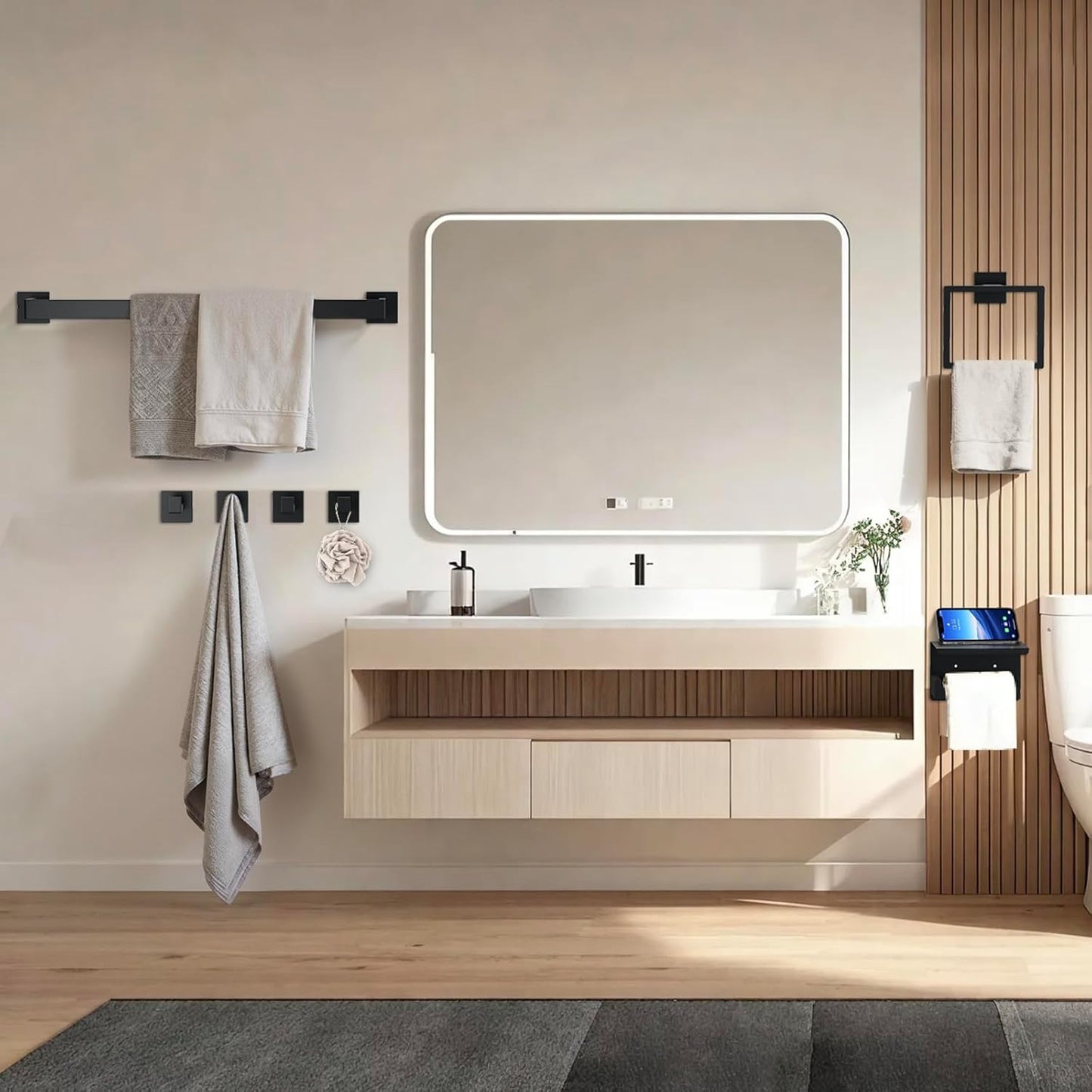 5 Pcs SUS304 Stainless Steel Bathroom Accessories Set, 23.6" Towel Bar, Multi-Purpose Toilet Paper Holder, Towel Ring, Towel Hooks, Minimalist Design for All Styles Bathrooms (Matte Black)