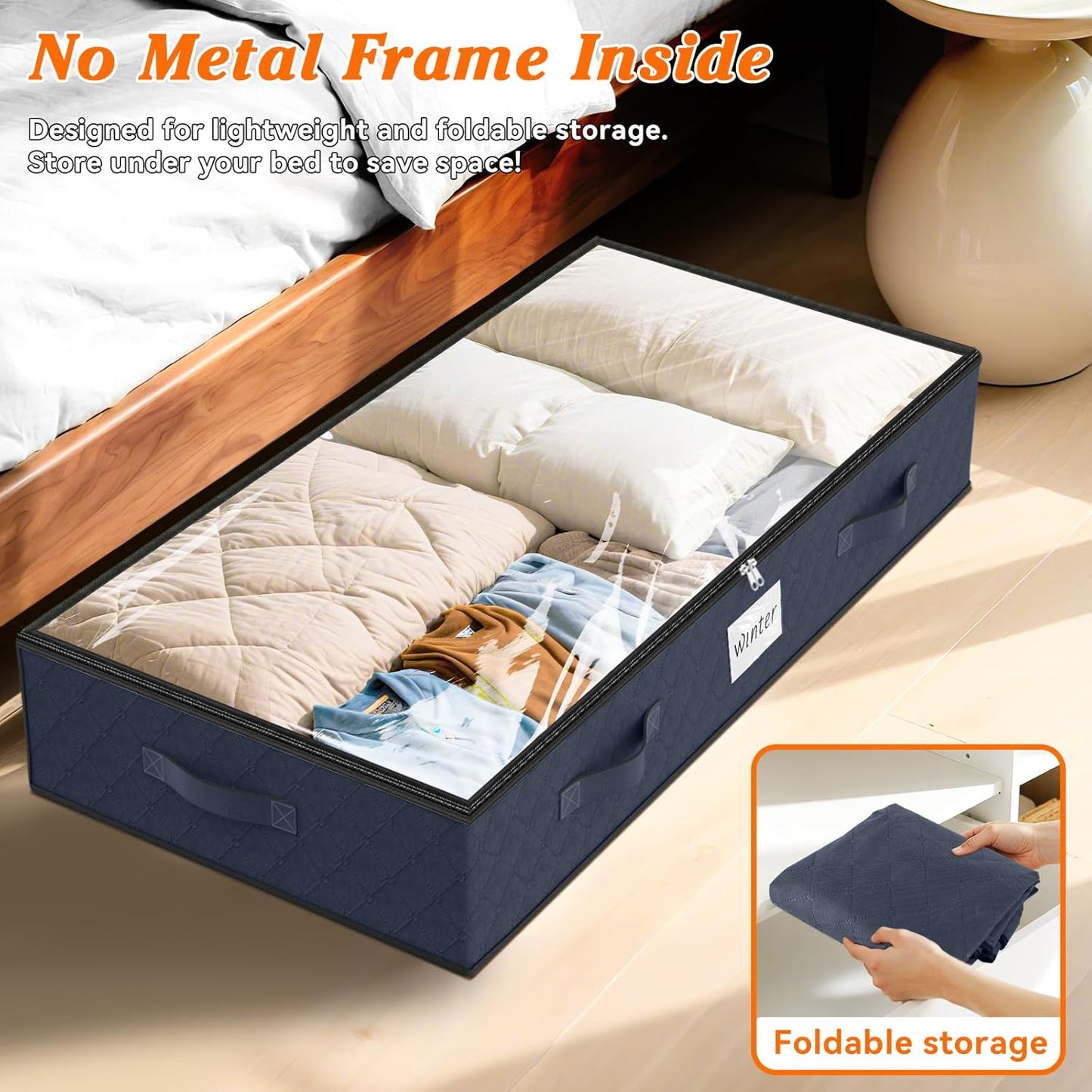 SpaceWhisper 90L Under Bed Storage Containers, 6-Pack Storage Bins with Clear Top, Foldable Closet Organizers and Storage with Label Holder for Clothing, Blankets, Comforter & Pillows(Blue)