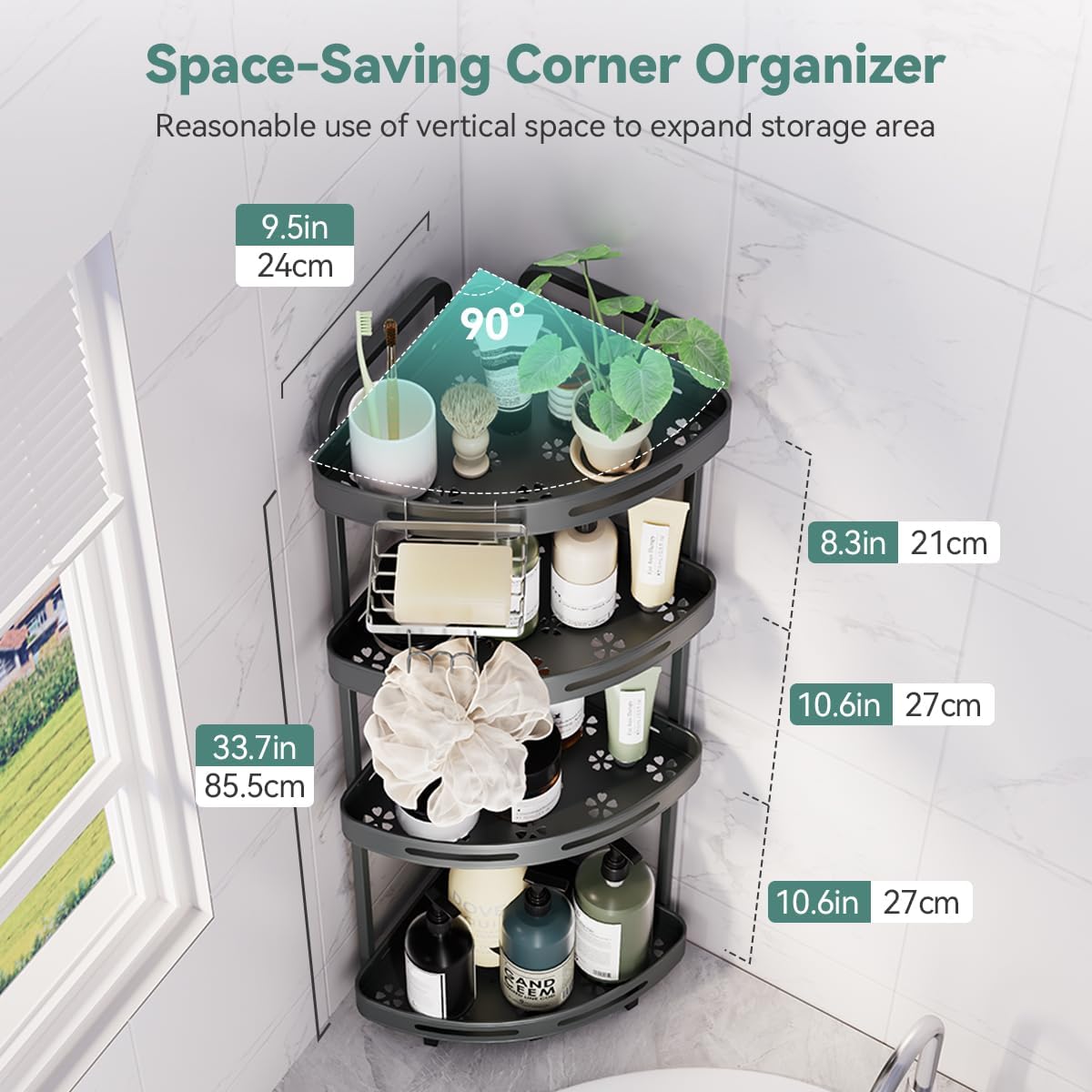 Corner Shower Caddy Stand, 4 Tier Rustproof Standing Shower Organizer with Soap Holder, Aluminum Shower Shelf for Bathroom Storage, Gray