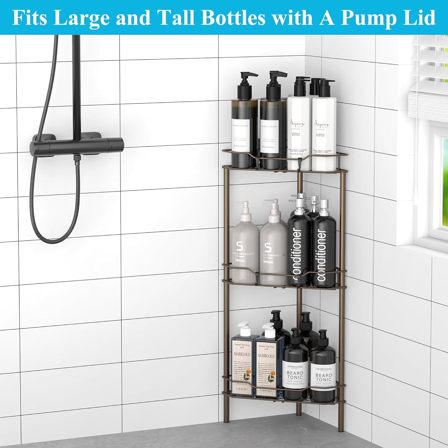 3 Tier Floor Standing Corner Shower Caddy Organizer Shelf with Hooks, Bathroom Shelves Stand Rack, Bronze