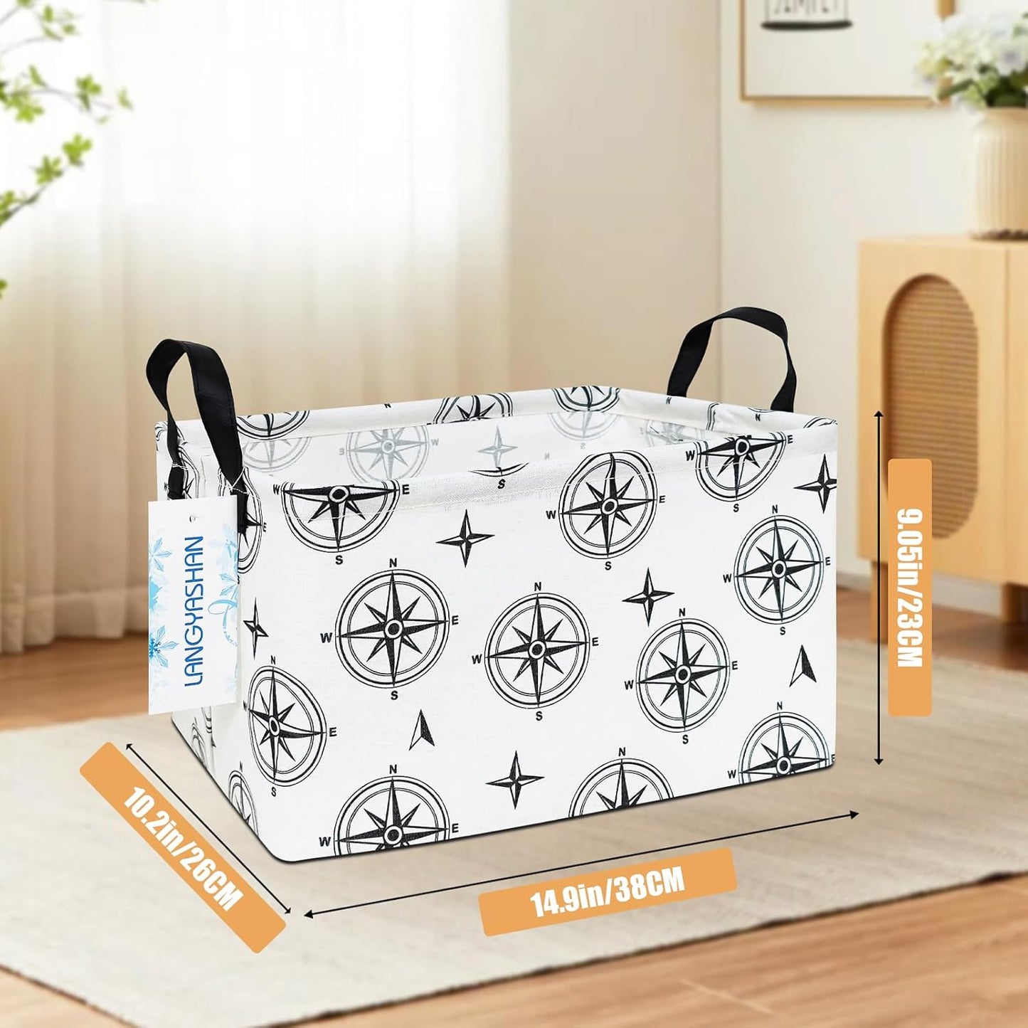 LANGYASHAN Rectangular Storage Bin Collapse Canvas Fabric Cartoon Storage Basket with Handles for Organizing Home Kitchen Boys and Girls Toys Office Closet Shelf Baskets (Rec Black Compass)