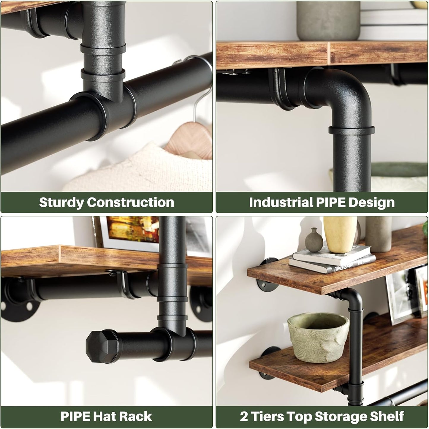 Aheaplus Industrial Pipe Clothes Rack with Top Shelf, 59In Space-Saving Wall Mounted Clothing Rack, 2 Tiers Heavy Duty Pipe Clothing Shelves with Hanging Rod for Laundry Room, Closet, Rustic Brown