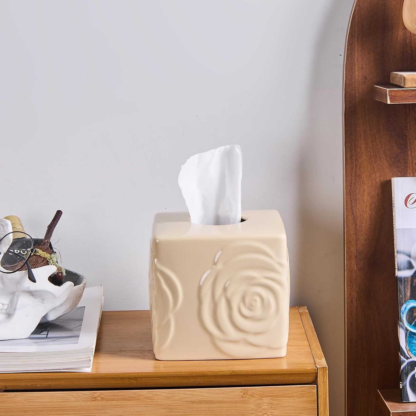 Beige Ceramic Cube Tissue Box Cover with Rose – Large Elegant Rose Floral Square Decorative Tissue Box Holder for Bathroom, Bedroom, Office Desk, Kitchen Counter – Perfect Housewarming Gift