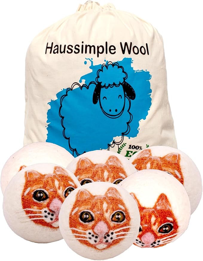 Wool Dryer Balls Organic Felt 6 Pack Laundry Fabric Softener, Extra Large Reusable Handmade Natural Sheep Wool Lint Wrinkle Free Anti Static Baby Safe (Orange Cat)