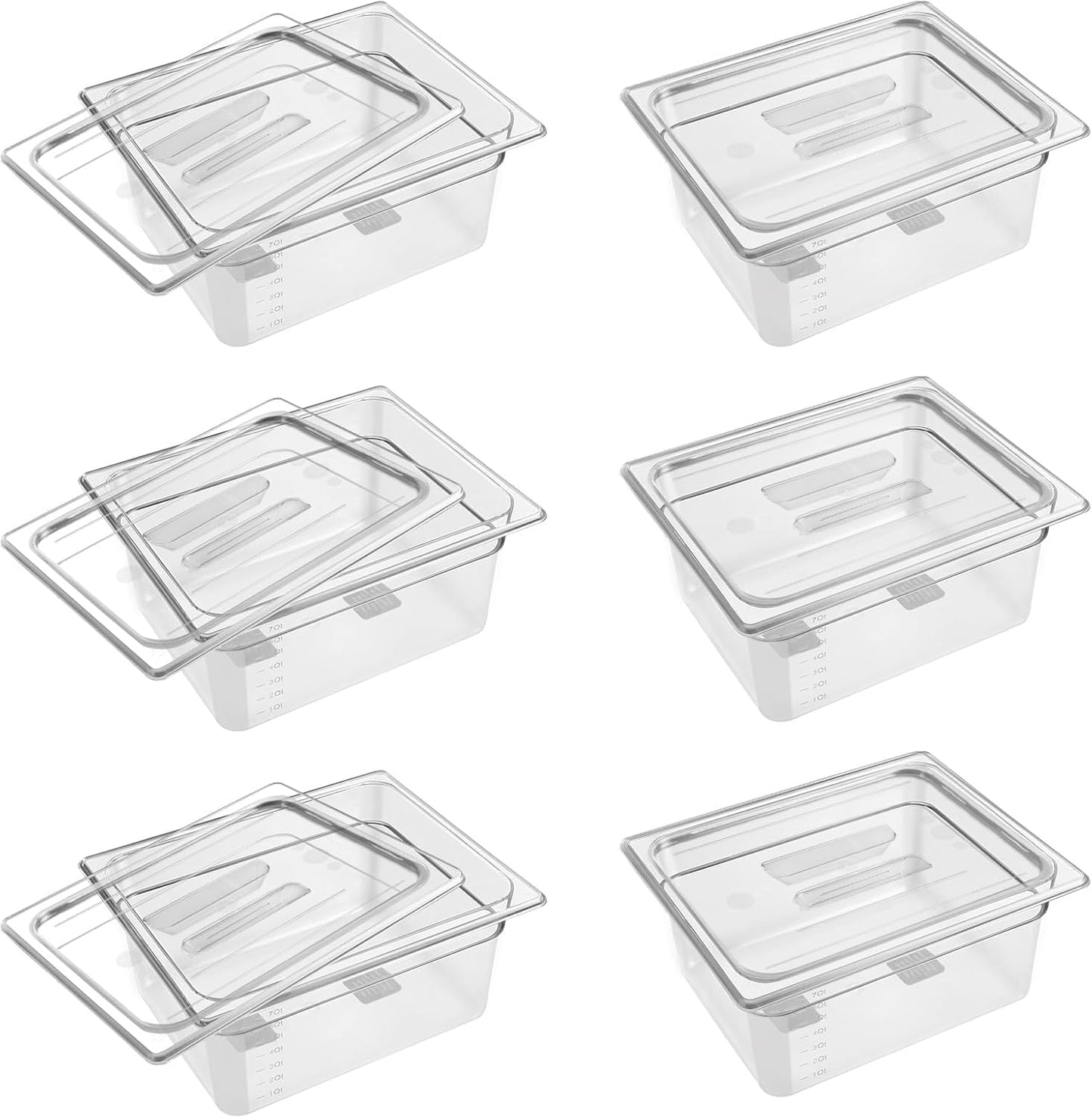 6 Pack 1/2 Size 6'' Deep Clear Food Pans with Lids, Commercial Food Pans Polycarbonate Transparent Food Storage Containers, Stackable Plastic Pan with Capacity Scale, Restaurant Supplies Hotel Pan