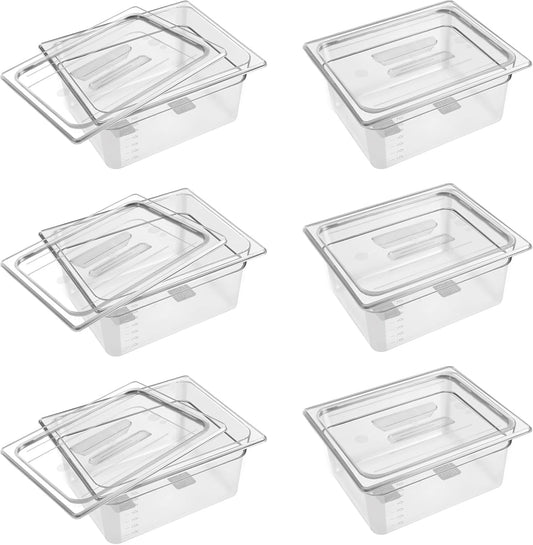 6 Pack 1/2 Size 6'' Deep Clear Food Pans with Lids, Commercial Food Pans Polycarbonate Transparent Food Storage Containers, Stackable Plastic Pan with Capacity Scale, Restaurant Supplies Hotel Pan