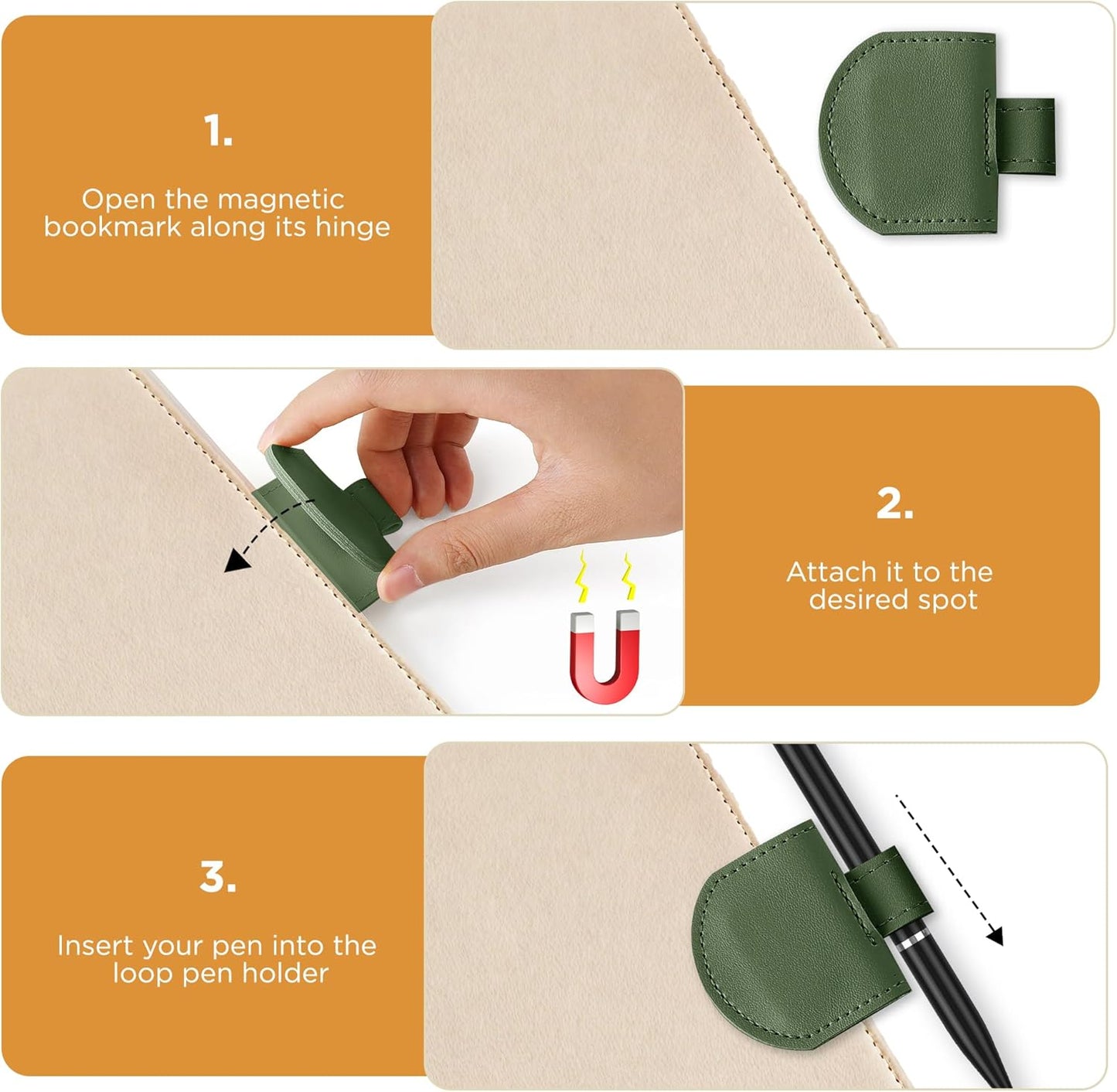 Magnetic Pen Loop Holder, Pencil Holder for Notebooks, Journals, Calendars, PU Leather 3 Pack, Green