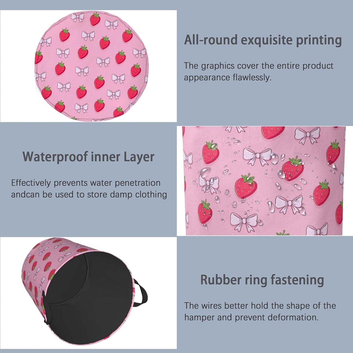 Cute Strawberry Laundry Basket,Bow Foldable with Handles Tote Bag Oxford Cloth for Bathroom Bedroom Dirty Clothes Storage Bucket 16" x 20.8"
