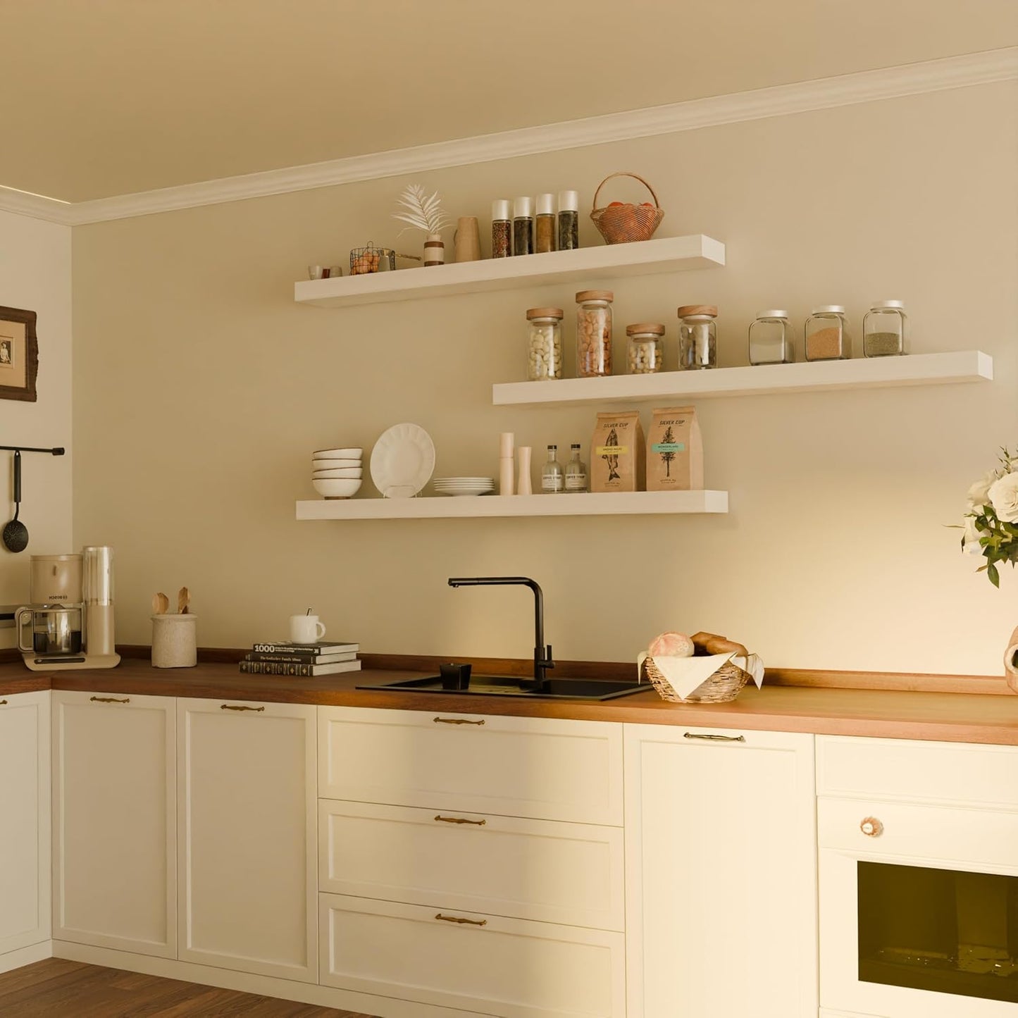 Floating Shelves for Wall, 48 Inch Extra Long White Wall Shelves, Set of 3, Hanging Invisible Brackets Floating Shelves for Living Room,Bedroom,and Kitchen