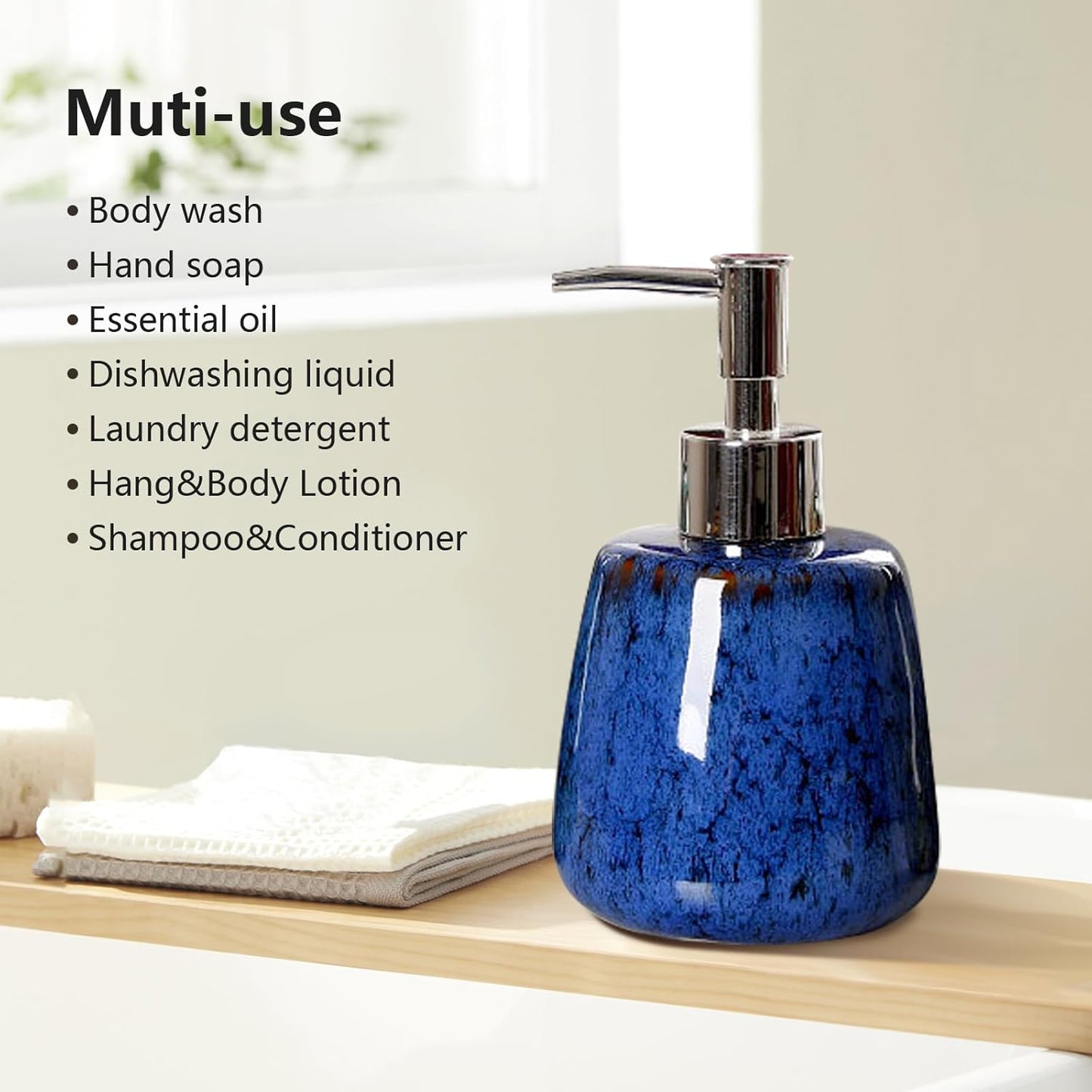 Jessie Hand Soap Dispenser,Blue Ceramic Liquid Hand Soap Dispenser with Pump,Modern Vintage Refillable Hand Lotion Pump Bottle for Bathroom Kitchen Set 10.8 oz (Blue)