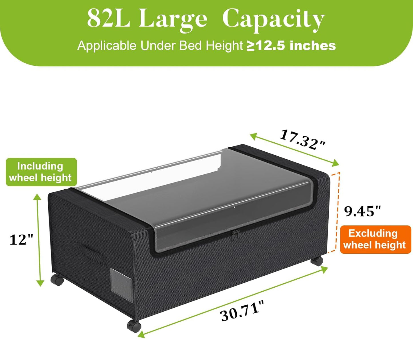 Webetop Under Bed Storage Containers with Wheels,12 inch Under the Bed Storage Bins with Clear Lid for Underneath Small Spaces Dorms, Blankets (2 Pack, 30.7"x17.3"x12")