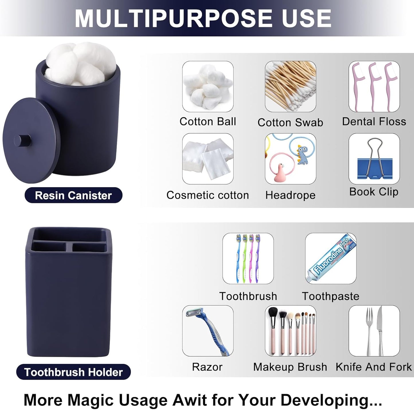 Resin 6 Pcs Navy Blue Bathroom Set Complete with Toothbrush Holder, Lotion Soap Dispenser, 2 Qtip Holder Dispensers,Vanity Tray,Bathroom Tumbler - Countertop Vanity Organizer - Bathroom Accessories