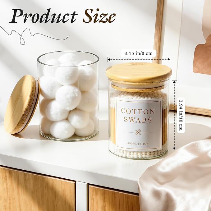 Luxspire 3 Pack Glass Qtip Holder Dispenser, 13.4 oz Cotton Swab Holder with Bamboo Lids, Glass Apothecary Jars Bathroom Accessories Canisters for Cotton Swabs, Balls, Pads, Floss Picks