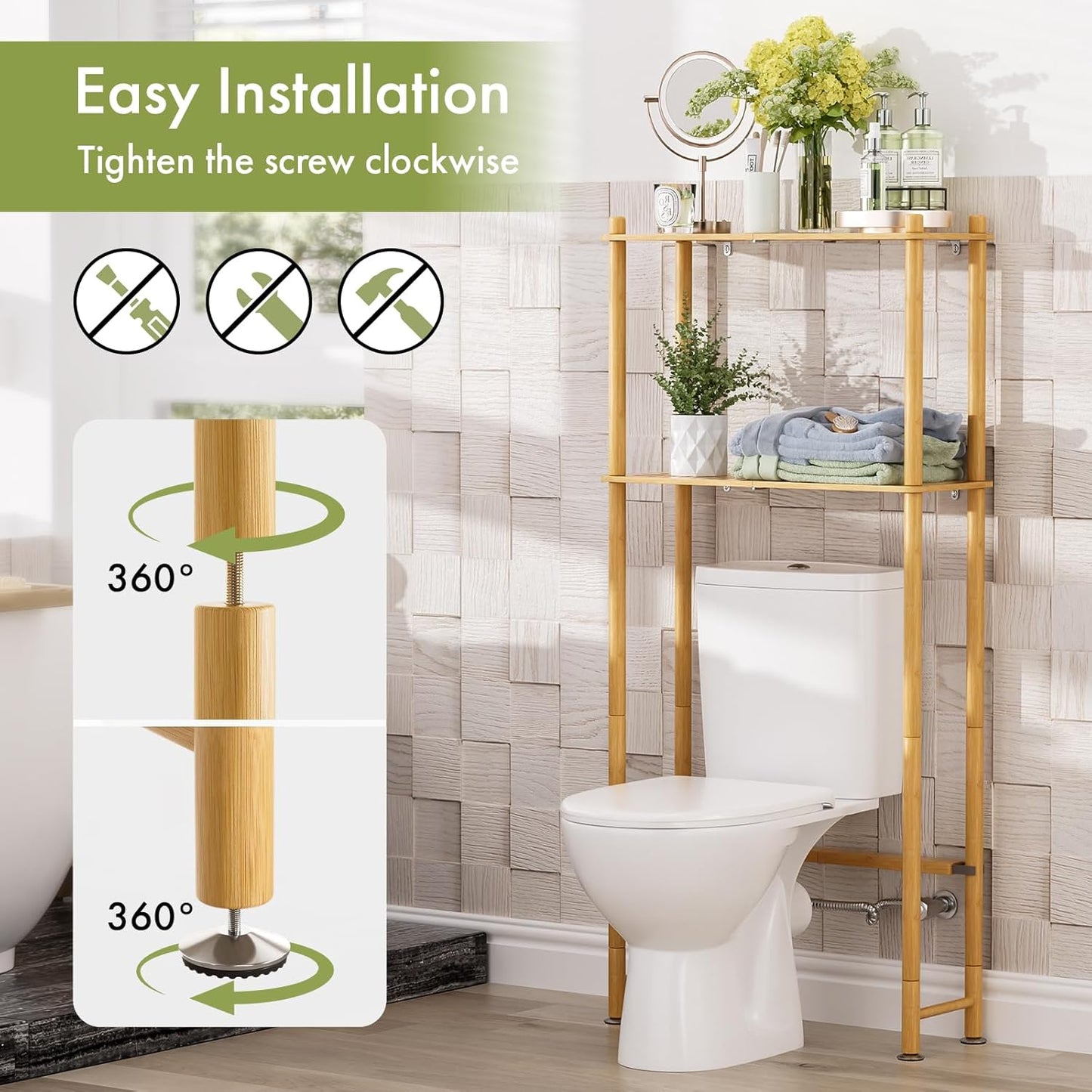AmazerBath Bamboo Over The Toilet Storage Shelf, 2-Tier Over Toilet Organizer Rack, Freestanding Above Toilet Shelf for Bathroom, Laundry, Space Saver, Natural Color