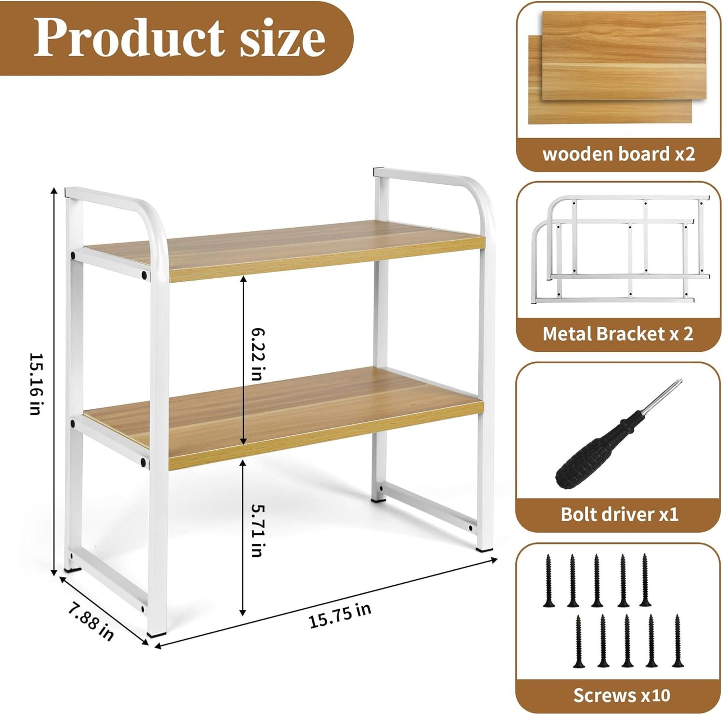 Desktop Shelf Organizer, 2-Tier Office Desk Shelf for Top of Desk, Wood & Metal Bookshelf Supplies Storage Rack (White&Walnut)
