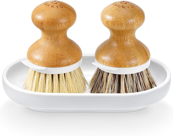 SUBEKYU Dish Brush, Bamboo Dish Scrubber Brush Set with Tray, Natural Kitchen Dishwashing Scrub Brush for Cleaning Dishes/Pans/Pots, Built-in Scraper, Natural Sisal + Palm Bristles, Set of 2