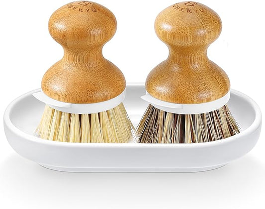 SUBEKYU Dish Brush, Bamboo Dish Scrubber Brush Set with Tray, Natural Kitchen Dishwashing Scrub Brush for Cleaning Dishes/Pans/Pots, Built-in Scraper, Natural Sisal + Palm Bristles, Set of 2