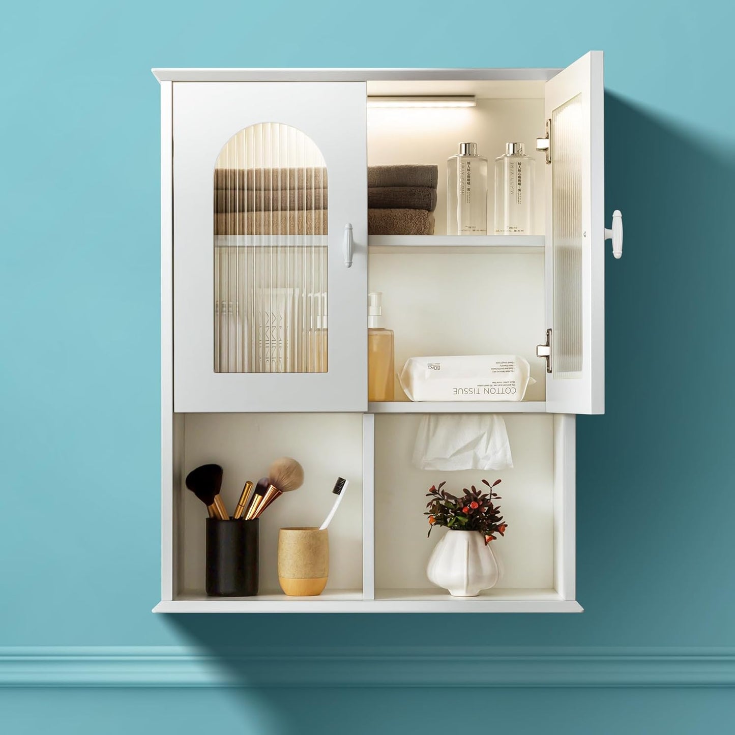 Bathroom Wall Cabinet with Lighting & Tissue Hole, Wall Mounted Glass Door Medicine Cabinet Over Toilet Storage for Laundry Room Kitchen