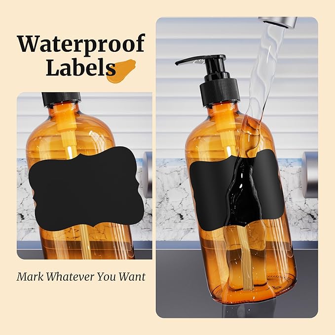 PrettyCare Set of 2 16oz Amber Glass Bottles with Black Pumps - Leak-Proof, Refillable Empty Dispenser for Shampoo, Conditioner & Thick Liquids - with Waterproof Labels