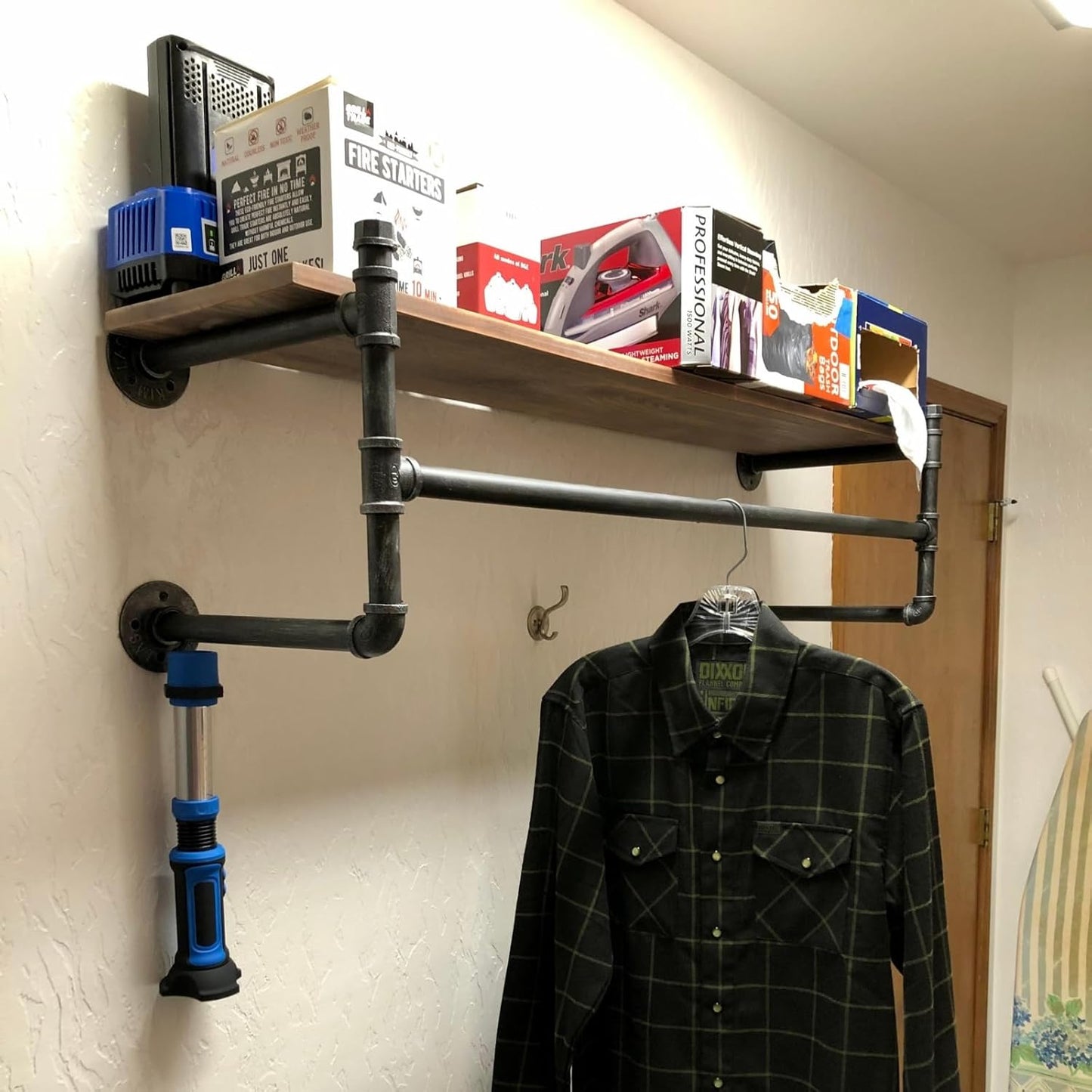Industrial Pipe Clothing Rack Wall Mounted with Real Wood Shelf,Pipe Shelving Floating Shelves Wall Shelf,48in Retail Clothes Racks Display Rack