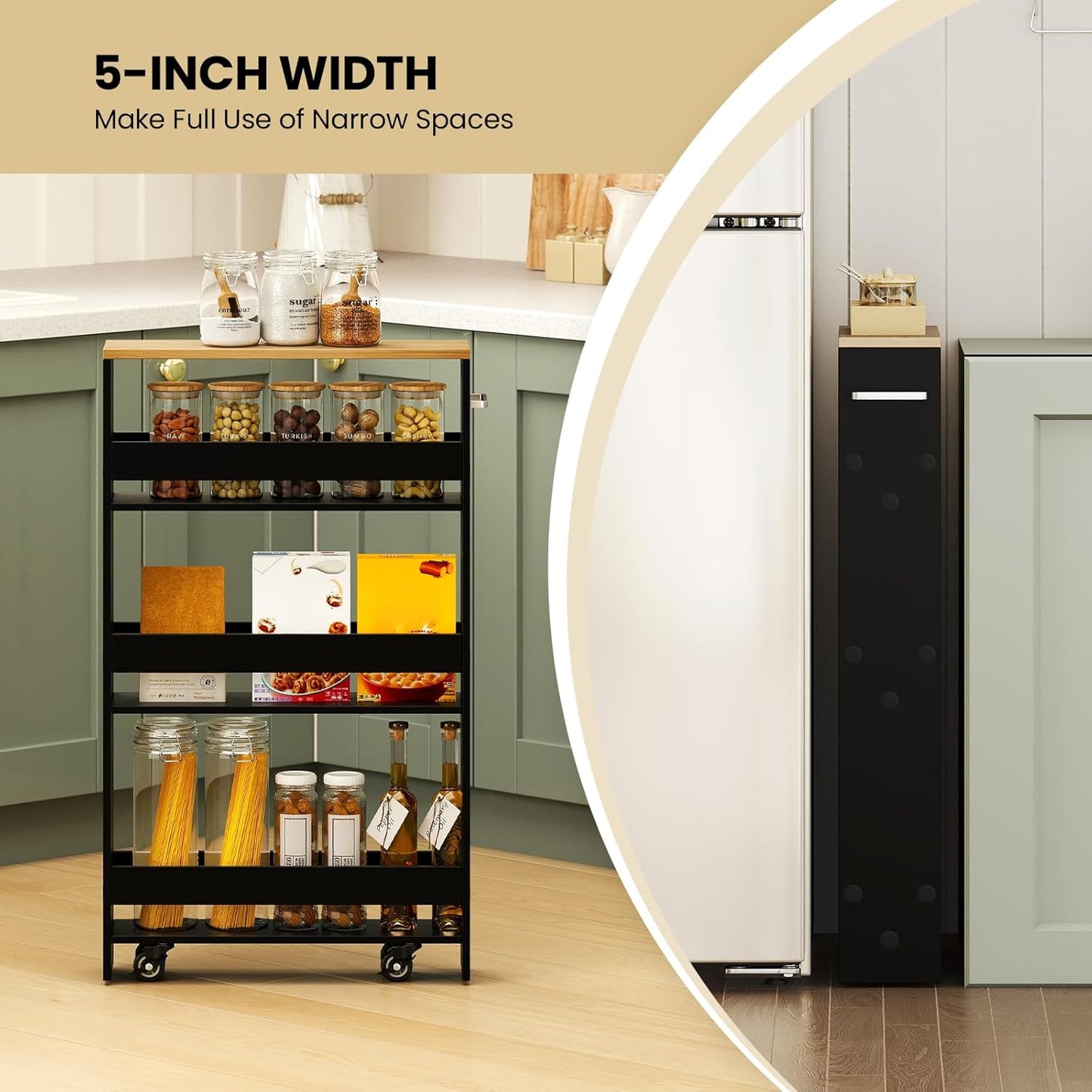 Small Kitchen Cart, 4-Tier Slim Rolling Island w/Handle, Laundry Room Storage Organizers Between Washer and Dryer, Narrow Spice Rack on Wheels Next to Fridge (Black, 5'')