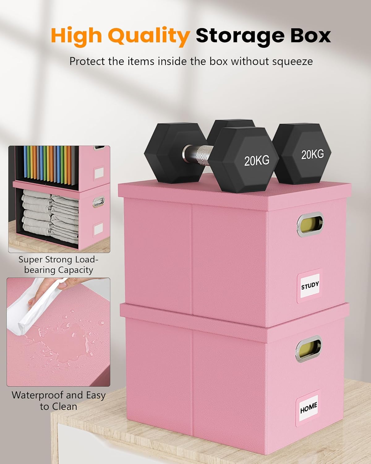 2 Pack File Storage Organizer Box,Filing Box,Portable File Box with Lid,Fit for Letter/Legal File Folder Storage, Pink(Leather)-Box only