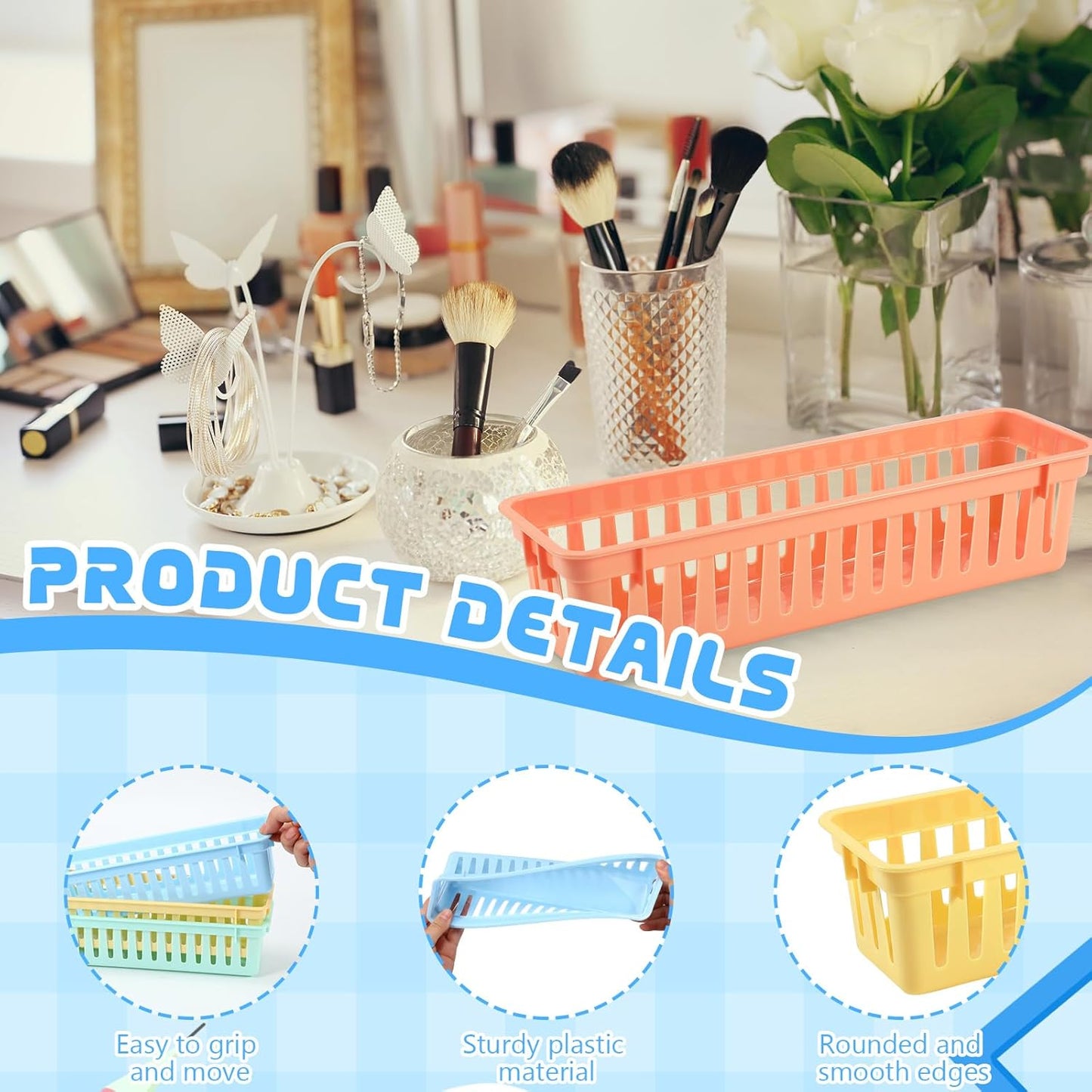 6 Pcs Morandi Slim Plastic Storage Baskets Tray 10 x 3 x 2.5 Inch Compact Stackable Desk Organizer for Office, Classroom, School Supplies, and Home Storage, Organization(Morandi)