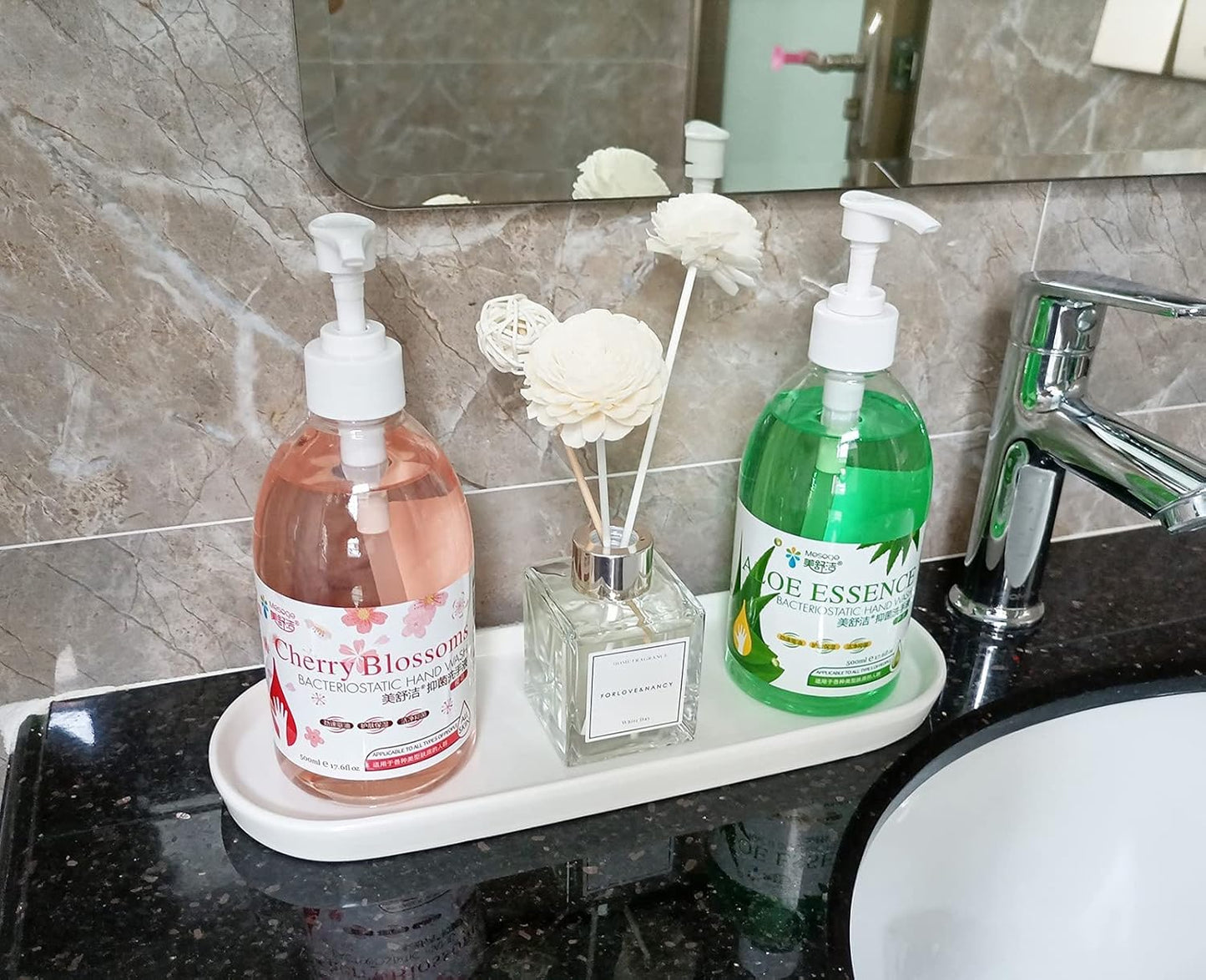 Ceramic Sink Tray, Suit for Bathroom Counter, Bathtub, Cosmetics Dish, Candle, Perfume Shampoo Liquid Soap Tray Simple Style Design Suit for Bathroom and Kitchen (2pcs White)