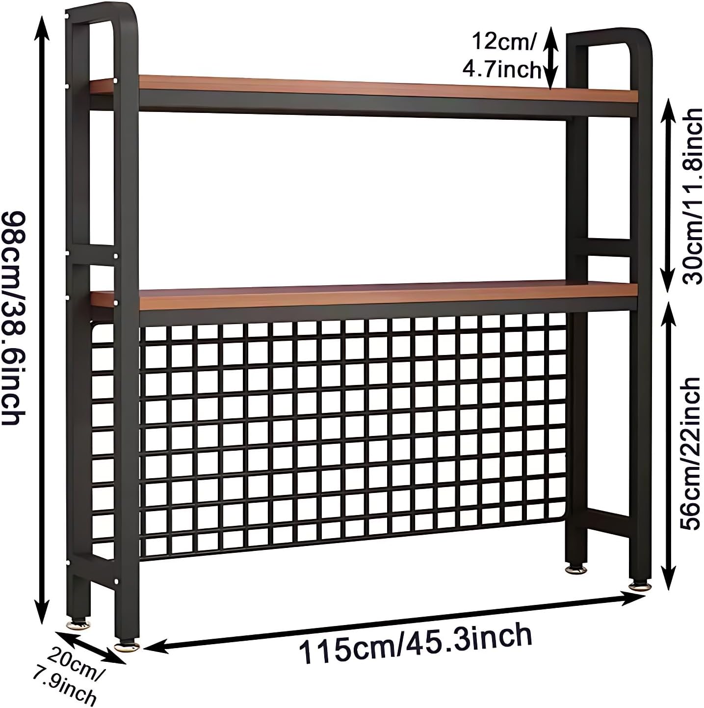 Desk Shelf Organizer with Metal Grid, 2-Tier Desktop Bookshelf, Rustic Wood & Metal Desk Hutch for Home Office and Dorm (Black, 45.3" L × 7.9" W × 38.6" H)