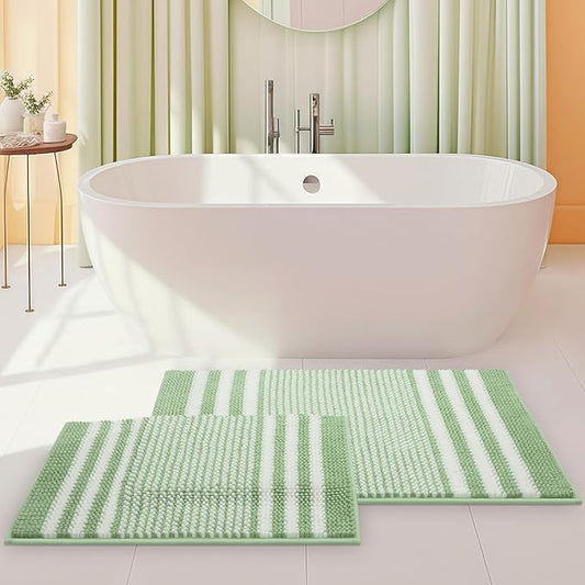 Tindbea Bathroom Rugs Set 2 Piece, Extra Soft and Absorbent Fluffy Striped Chenille Bath Mat Rug Set, Non Slip Bathroom Floor Mat, Machine Washable (20" x 32" Plus 16" x 24", Sage)