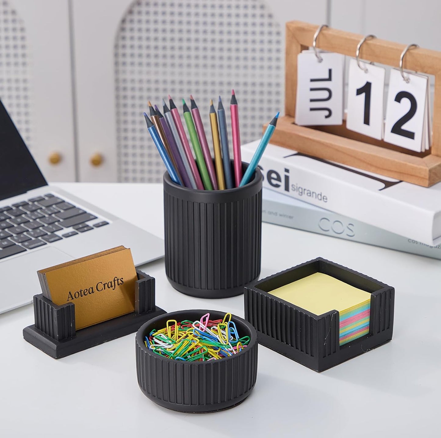 Set of 4 - Aesthetic Desk Accessories For Modern, Industrial, Minimalist Office Decor- Concrete Desk Organizers Accessories For Women or Men- Pen, Business Card Holder & Sticky Note, Paper Clip Holder