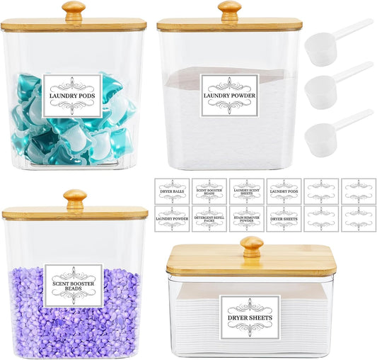 4PCS Laundry Pods Container, Clear Laundry Room Organization and Storage with Bamboo Lids, 3 Premium Scoops & Labels – Ideal for Scent Booster Beads, Dryer Balls, Sheets & Powder (6'')