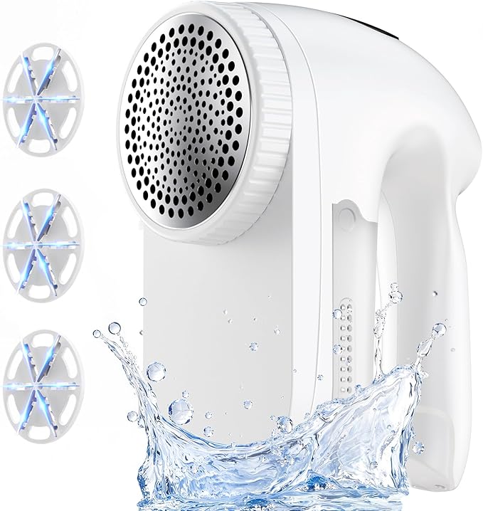 IPX6 Waterproof Washable Electric Fabric Shaver and Lint Remover, Rechargeable Sweater Defuzzer with 3 Free Extra Blades, Quickly and Effectively Remove Fluff, Fuzz, Bobbles for Clothes, White