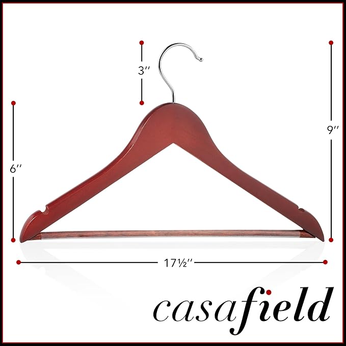 Casafield - 40 Cherry Wooden Suit Hangers - Premium Lotus Wood with Notches & Chrome Swivel Hook for Dress Clothes, Coats, Jackets, Pants, Shirts, Skirts