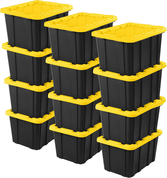Sterilite 12-Pack Industrial Tote, Plastic Storage Container Bins with Lids, 27 Gallon - Heavy-Duty Organizing Containers for Closet, Bathroom, and Office