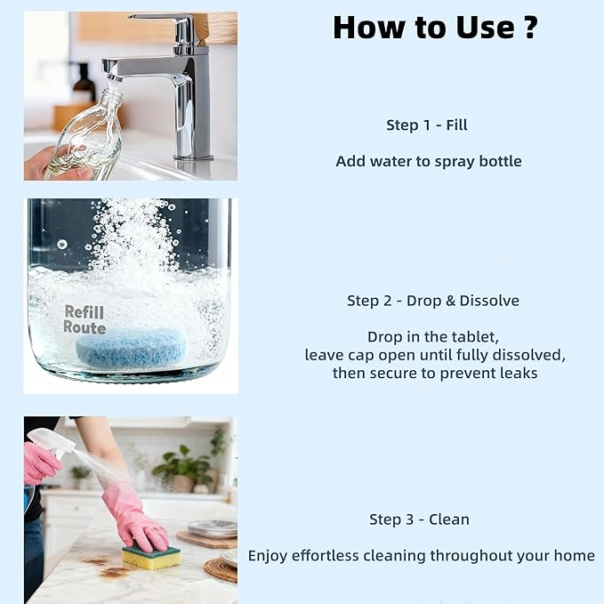 All Purpose Cleaner Starter Kit – Eco-Friendly Multipurpose Cleaner Set with Refillable Glass Spray Bottle, 12 Concentrated Cleaner Tablets & 2 Microfiber Cloths（12 x 16 Fl oz）–Plastic-Free