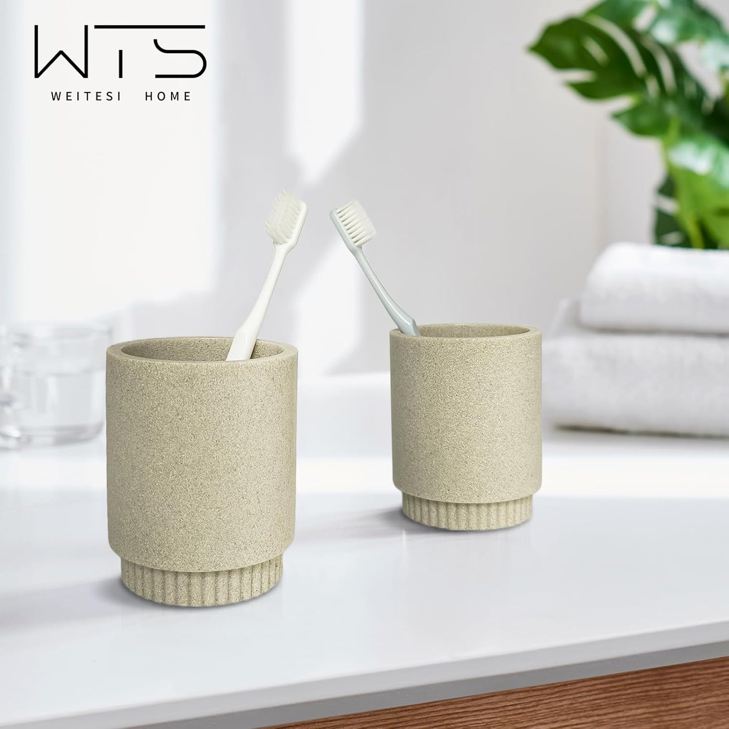 Resin Bathroom Accessories Set, 4 Pcs Modern Bathroom Accessory Set with Liquid Plastic Pump Lotion Soap Dispenser,2 Toothbrush Cup, Soap Dish Countertop Vanity Organizer (Beige)