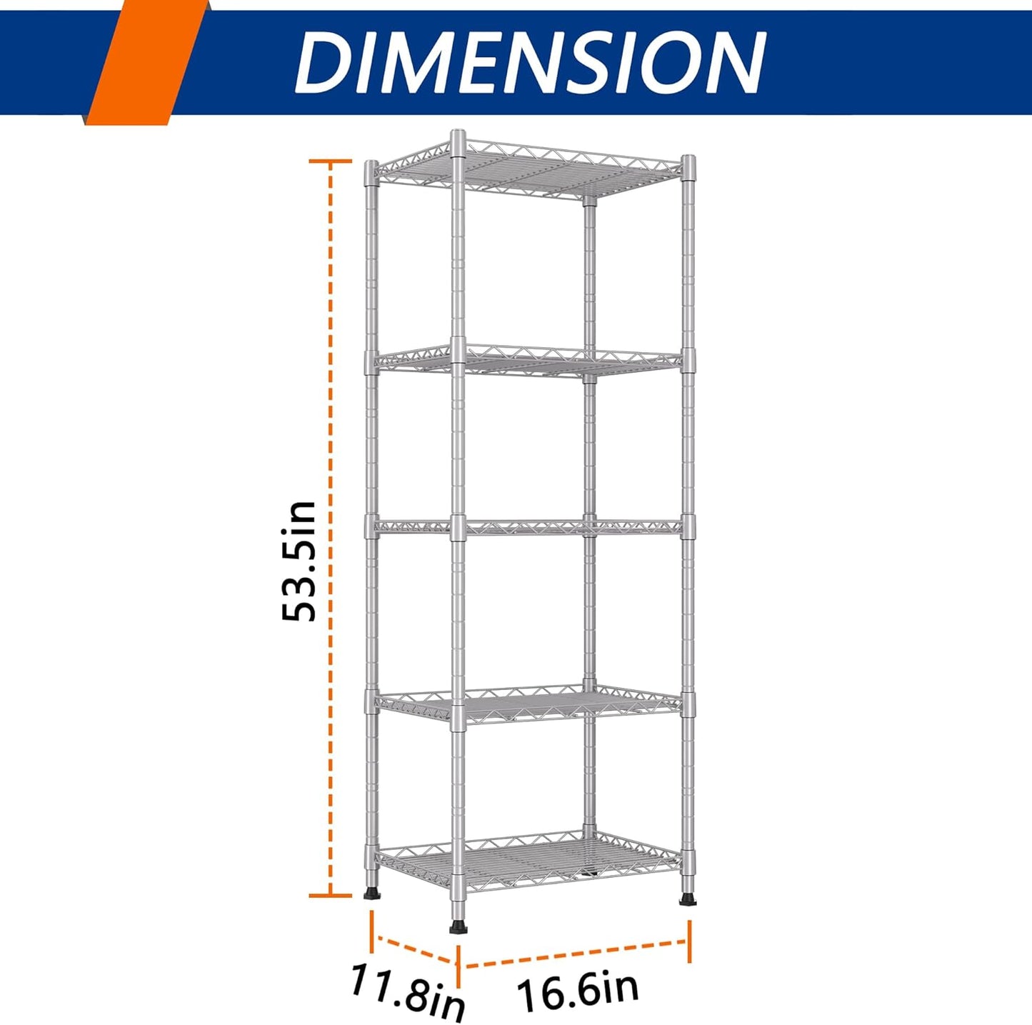 REGILLER 5-Wire Shelving Metal Storage Rack Adjustable Shelves,Standing Storage Shelf Units for Laundry Bathroom Kitchen Pantry Closet(Silver,11.8" D x 16.6" W x 53.5" H)