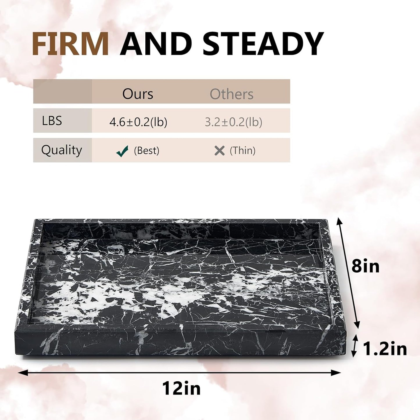 Real Natural Marble Tray for Bathroom, Vanity, Kitchen and Desktop, Rectangle Genuine Marble Stone Tray for Jewelry, Cosmetics, Candles, Lotion, Perfume and Home Decor (Black)