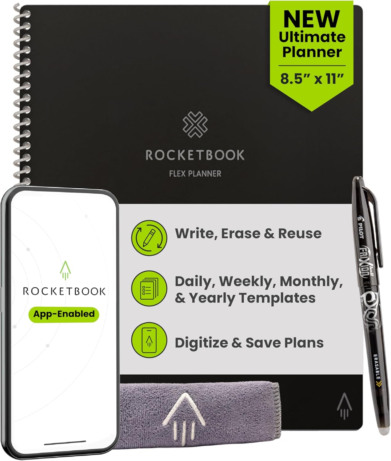 Rocketbook Flex Reusable Planner, Smart Undated, Daily, Weekly, Monthly, Annual Calendar Templates, Letter Size 8.5x11, Black (Pack of 1)