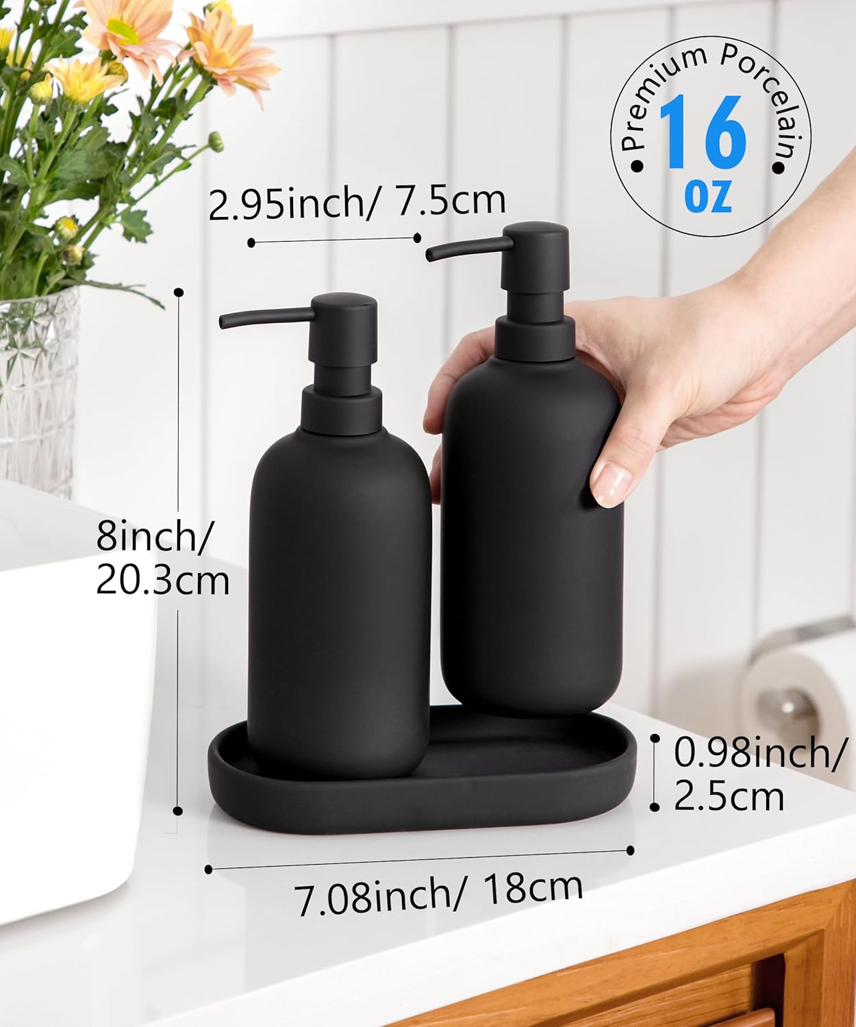 Ceramic Soap Dispenser Set - Elegant Hand Soap Pump with 4 Labels (Soap, Dishes, Lotion, Hands) - Durable & Stylish Design for Kitchen & Bathroom Decor, Refillable Liquid Soap Dispenser