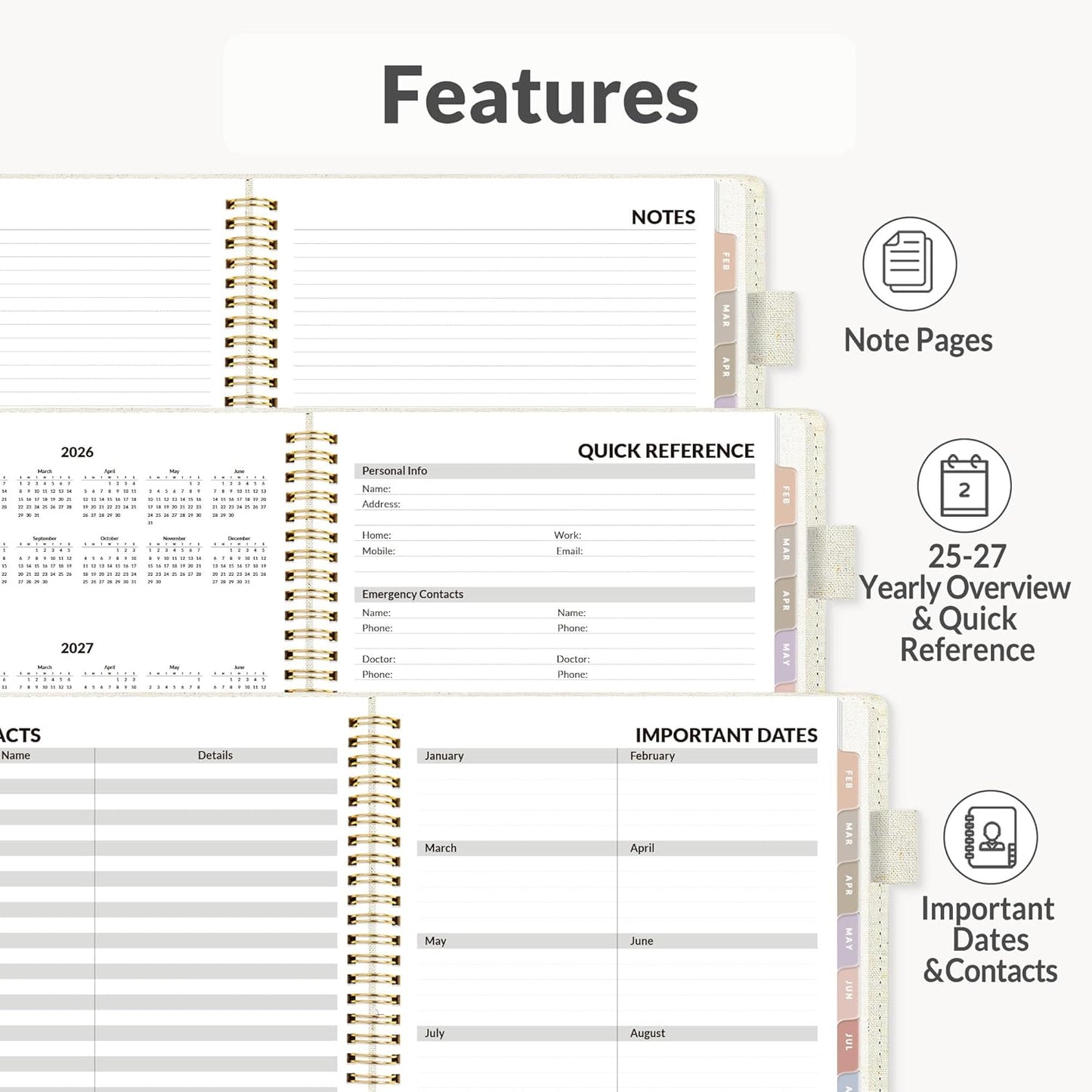 SUNEE 2026 Weekly & Monthly Planner 9"x11.2"- 12 Month (January 2026 - December 2026), Linen Cover, Pocket, Bookmark, Notes, Monthly Tab, Beige