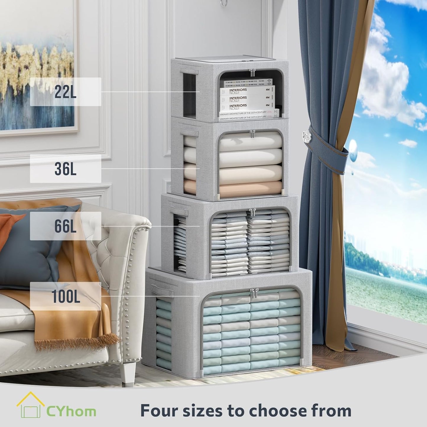 CYhom 3Pack Foldable Storage Bins - Frame Storage Box Linen Fabric Stackable Clothes Container Organizer with Clear Window & Carry Handles Large Capacity (Large-66L, Light Grey)