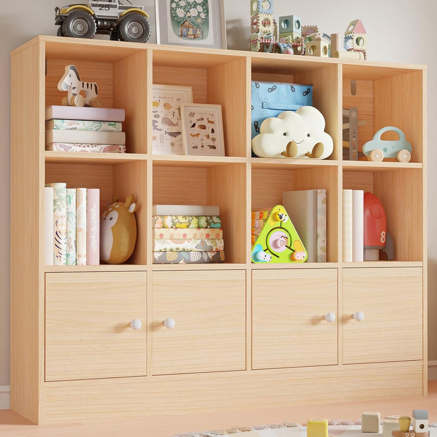 Cozy Castle Oak Wood Bookcase, 12 Cube Storage Organizer Shelf with 4 Doors, 3 Tier Storage Cabinet with Anti-Tilt Device for Bedroom, Living Room, Office