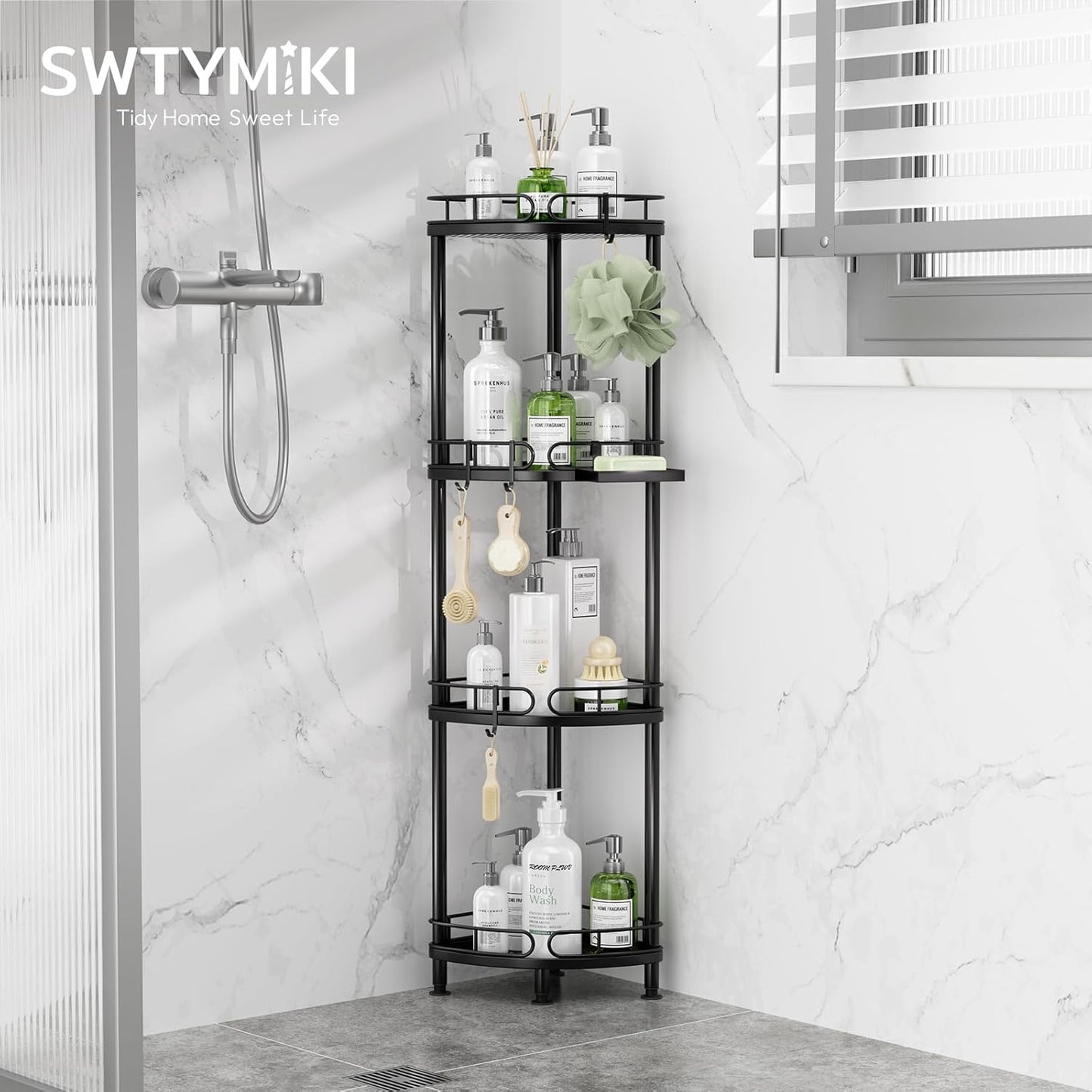 SWTYMIKI Corner Shower Caddy Standing - 4 Tier Stainless Steel Shower Organizer Stand with 4 Hooks & Soap Holder, Rustproof Metal Standing Tall Floor Shower Shelf and Bathroom Organizer, Black