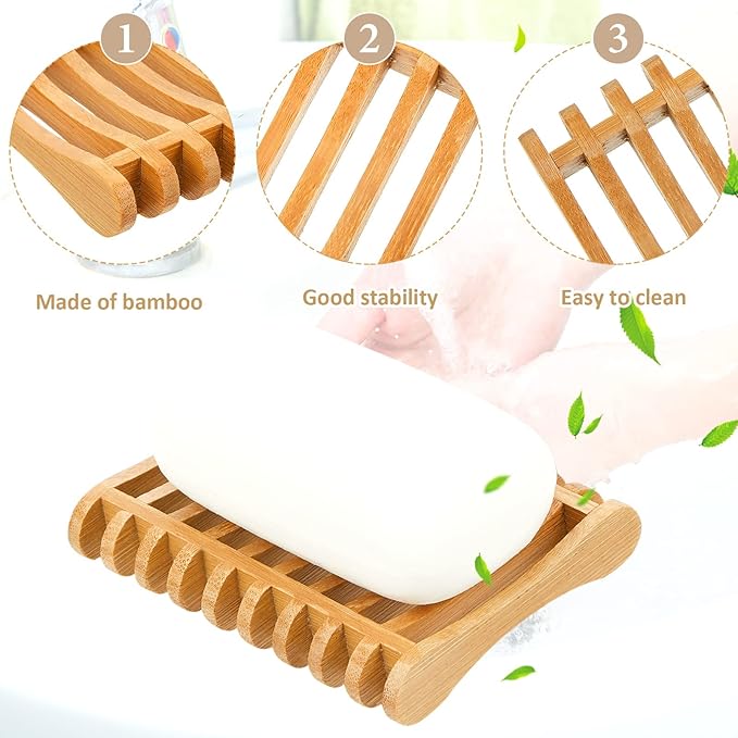 Suclain 3 Pieces Bamboo Soap Dishes Self Draining Wooden Bar Soap Holder for Sponge Dryer Bathroom Toilet Shower Kitchen Restaurant Counter